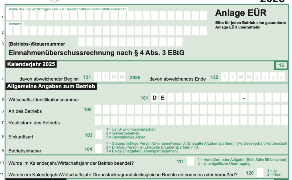 EÜR Elster Formular Zeile 1 bis 11