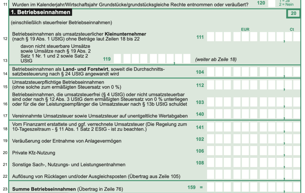 EÜR Elster Formular Betriebseinnahmen Zeile 11 bis 23
