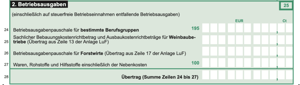 EÜR Formular Elster Betriebsausgaben Zeile 24 bis 28 