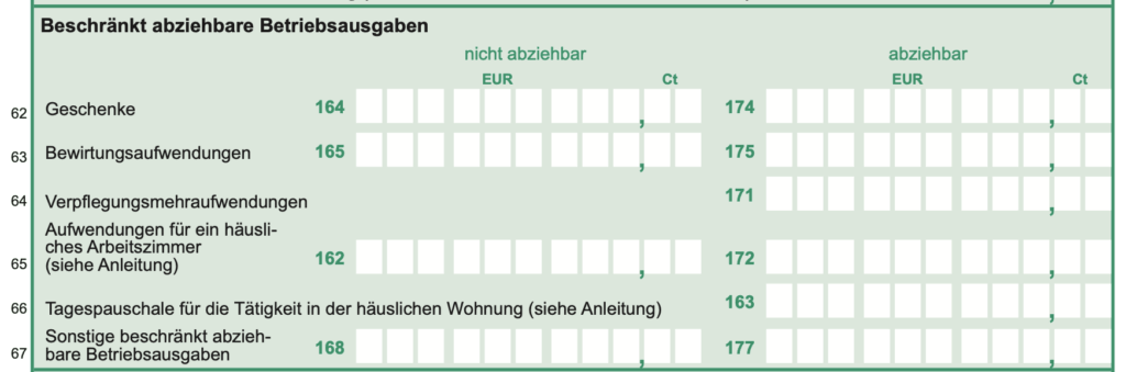 EÜR Formular Elster Beschränkt abziehbare Betriebsausgaben Zeile 62 bis 67