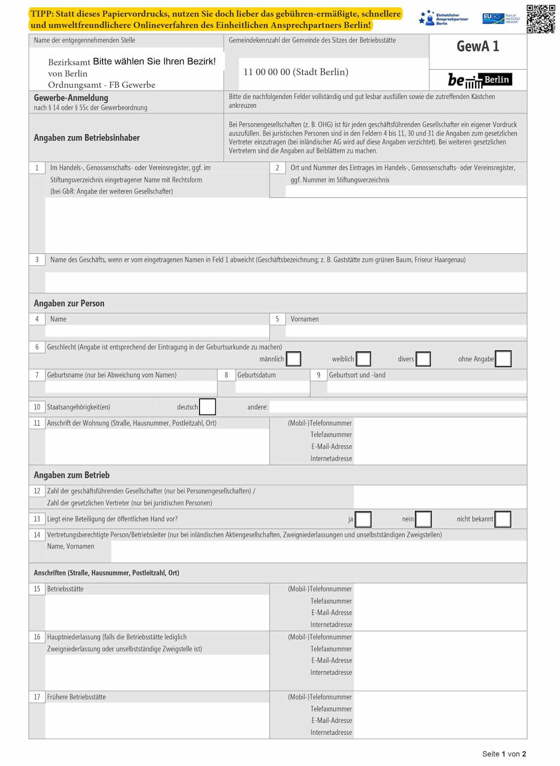 Gewerbeanmeldungsformular für Berlin Seite 1