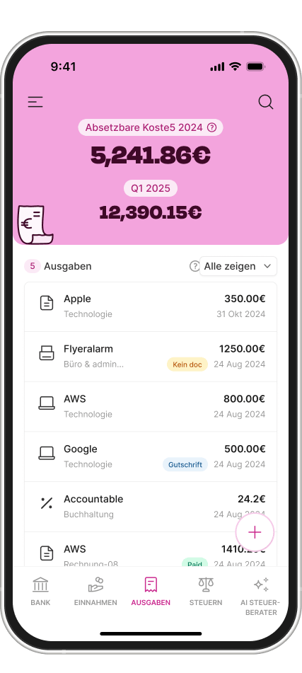 Accountable App Screenshot von absetzbaren Kosten in der App. 
