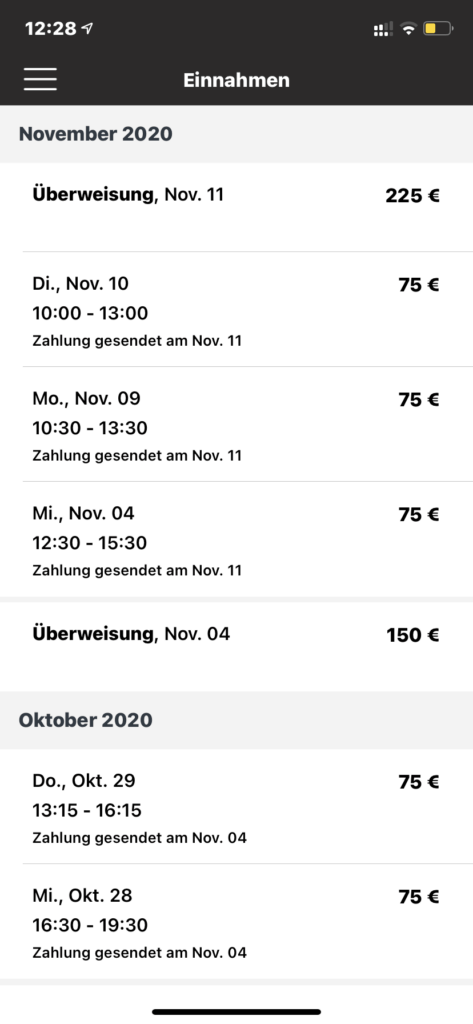 Screenshot Amazon Flex App Einnahmen Auflistung