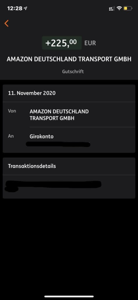 Screenshot Amazon Flex App Gutschriften Auflistung