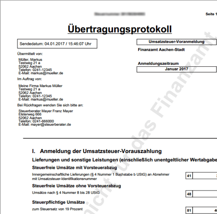 Erhalt des Übertragungsprotokolls nach dem Absenden vom Fragebogen zur steuerlichen Erfassung