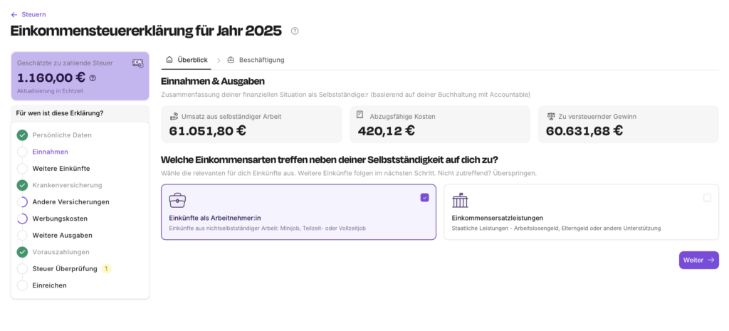 Einkommensteuererklärung Maske in der Accountable App 