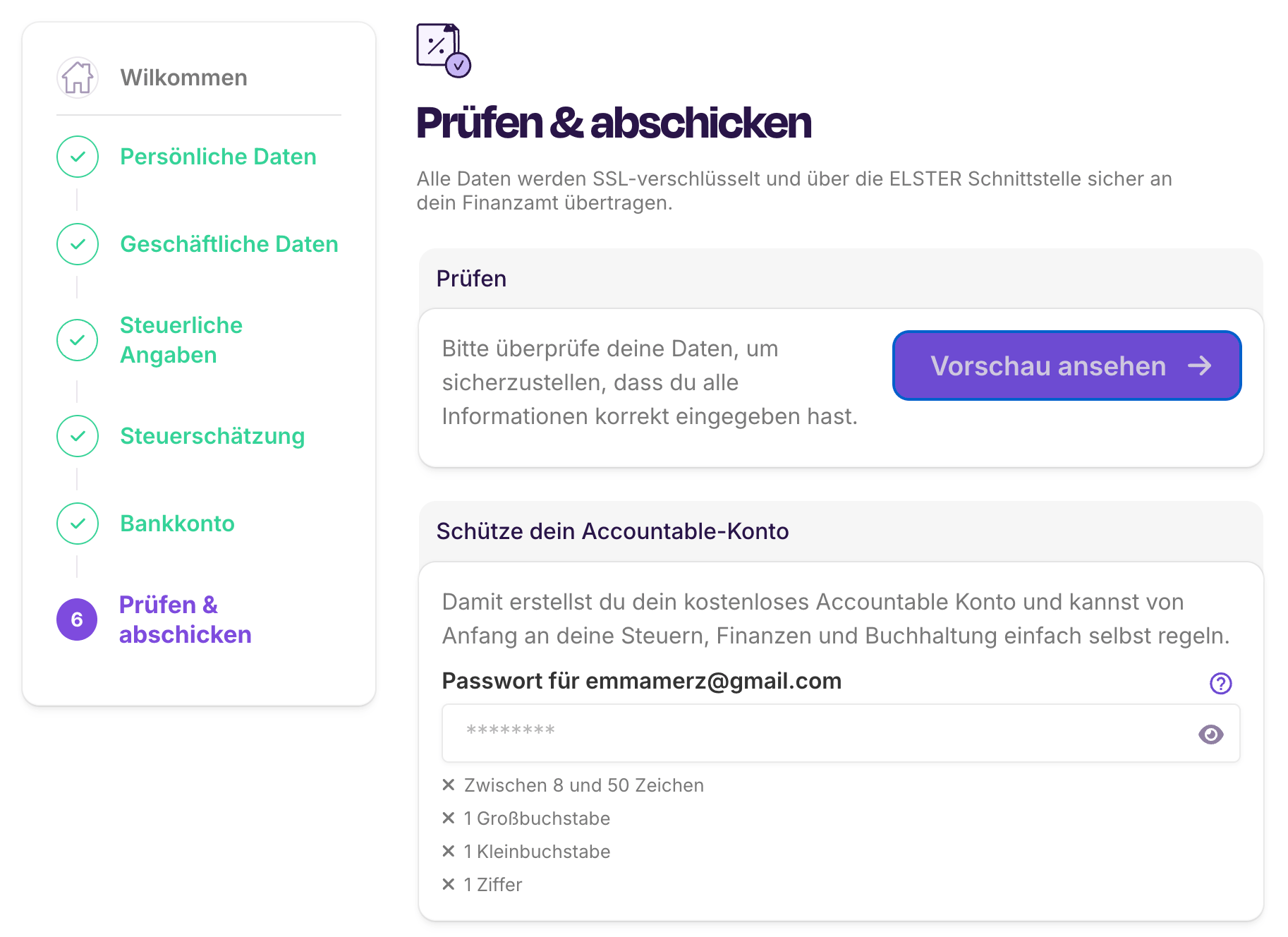 Fragebogen zur steuerlichen Erfassung prüfen & abschicken 