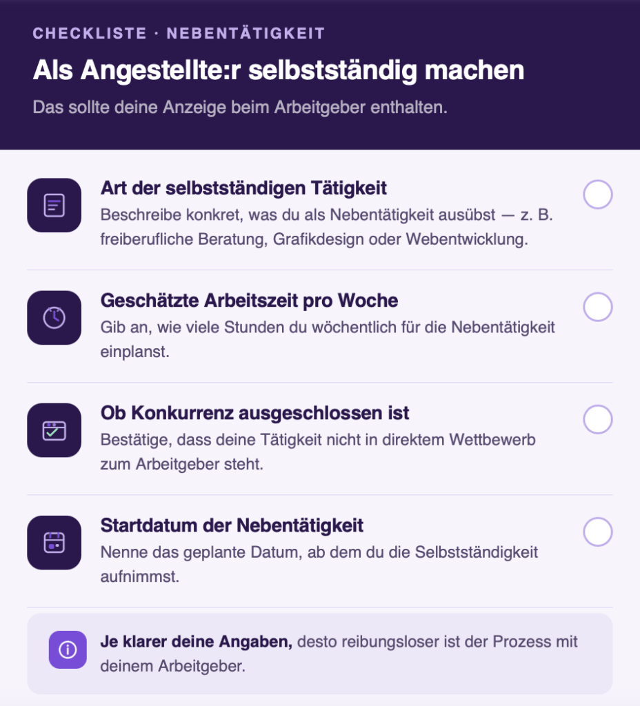 Infografik mit dem Titel „Als Angestellte:r selbstständig machen – Checkliste: Nebentätigkeit" im Accountable-Branding. Der Untertitel lautet: „Das sollte deine Anzeige beim Arbeitgeber enthalten." Die Grafik zeigt vier Checklistenpunkte, jeweils mit einem Icon im dunkelvioletten Quadrat und einer leeren Checkbox rechts zum Abhaken. Erstens: Art der selbstständigen Tätigkeit — konkret beschreiben, was als Nebentätigkeit ausgeübt wird, zum Beispiel freiberufliche Beratung, Grafikdesign oder Webentwicklung. Zweitens: Geschätzte Arbeitszeit pro Woche — angeben, wie viele Stunden wöchentlich für die Nebentätigkeit eingeplant sind. Drittens: Ob Konkurrenz ausgeschlossen ist — bestätigen, dass die Tätigkeit nicht in direktem Wettbewerb zum Arbeitgeber steht. Viertens: Startdatum der Nebentätigkeit — das geplante Datum angeben, ab dem die Selbstständigkeit aufgenommen wird. Eine abschließende Infobox hebt hervor: Je klarer die Angaben, desto reibungsloser ist der Prozess mit dem Arbeitgeber.
