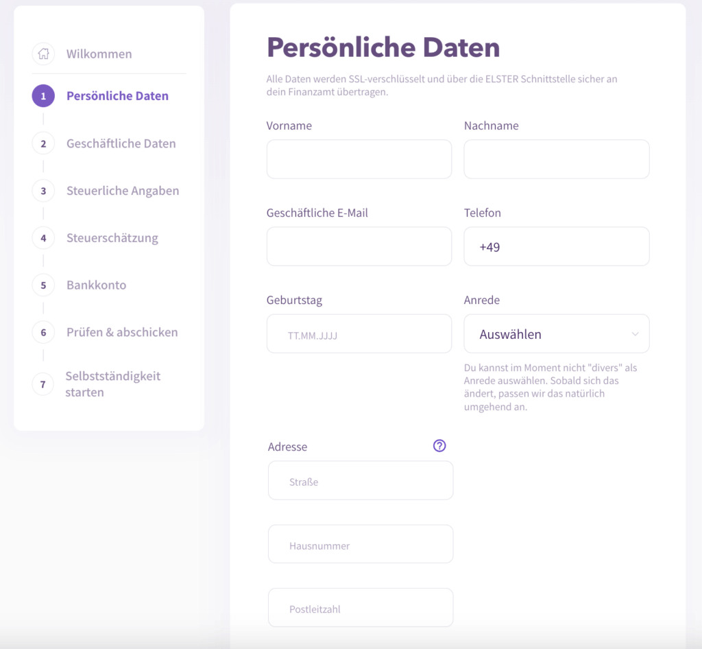 Screenshot des ersten Abschnitts des 'Fragebogens zur steuerlichen Erfassung', der die Eingabe persönlicher Daten erfordert.