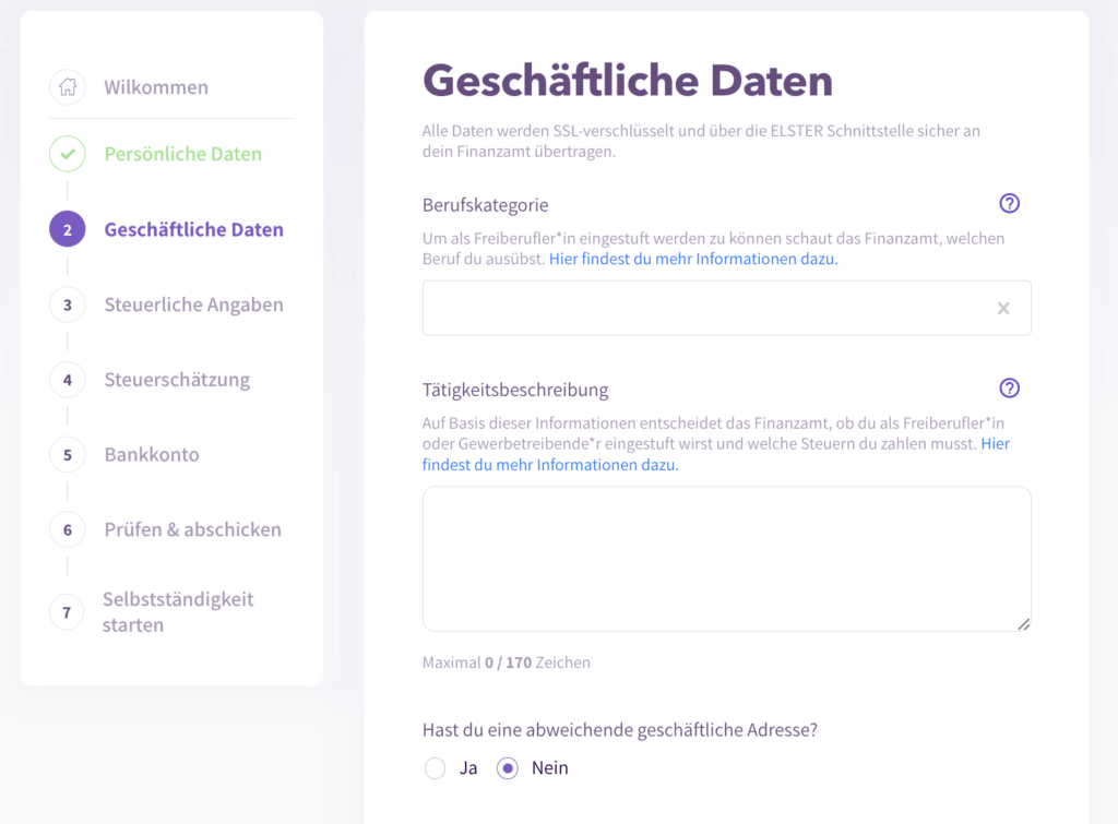 Der Fragebogen zur steuerlichen Erfassung muss dann mit geschäftlichen Daten gefüllt werden