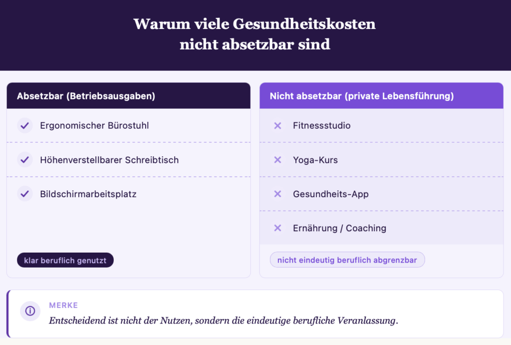 Infografik: Was Selbstständige als Gesundheitskosten absetzen können – und was nicht. Entscheidend ist die eindeutige berufliche Veranlassung. Von accountable.de